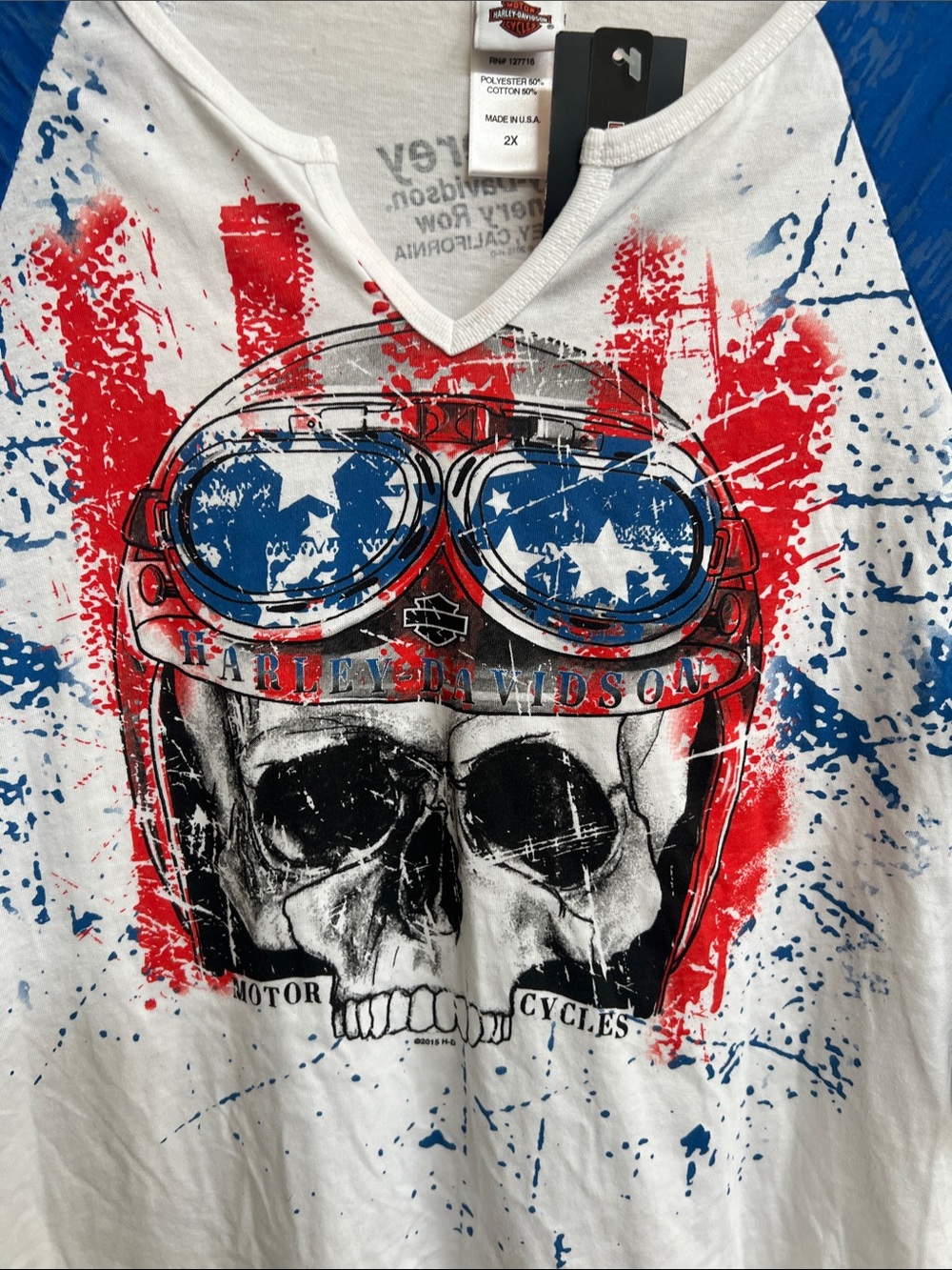 Harley-Davidson Patriotic Skull Raglan Tee 2X USA Flag Biker Grunge Americana - Picture 3 of 6